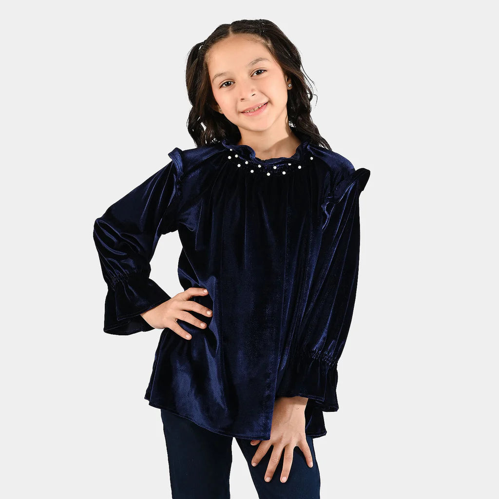 Girls Velvet Emb Top Pearls-Navy Blue