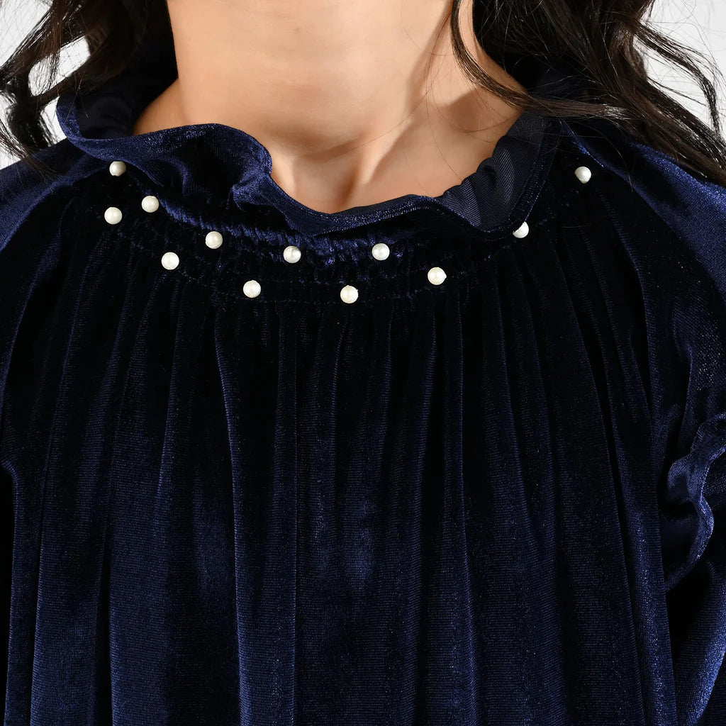 Girls Velvet Emb Top Pearls-Navy Blue